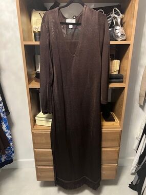 H&M Brown V-Neck Maxi Knit Dress with Fringe Hem